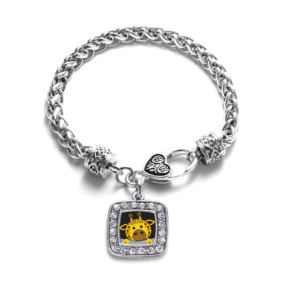 Silver Peeking Giraffe Square Charm Braided Bracelet