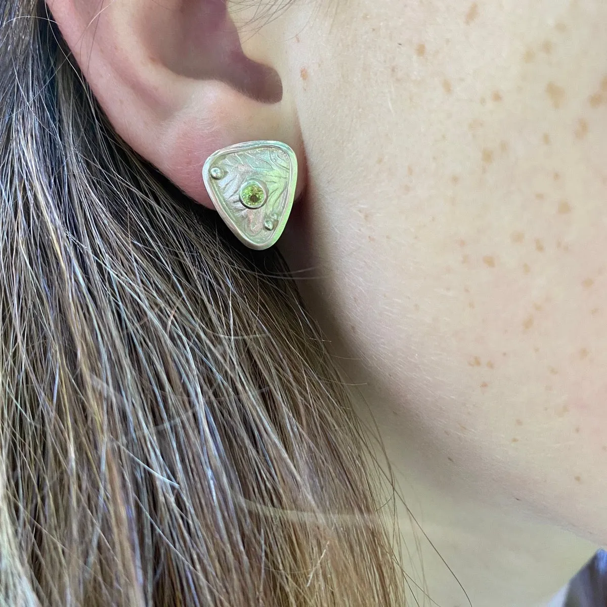 Silver Warrior Celtic Shield Earrings, Peridot Triangle Earrings