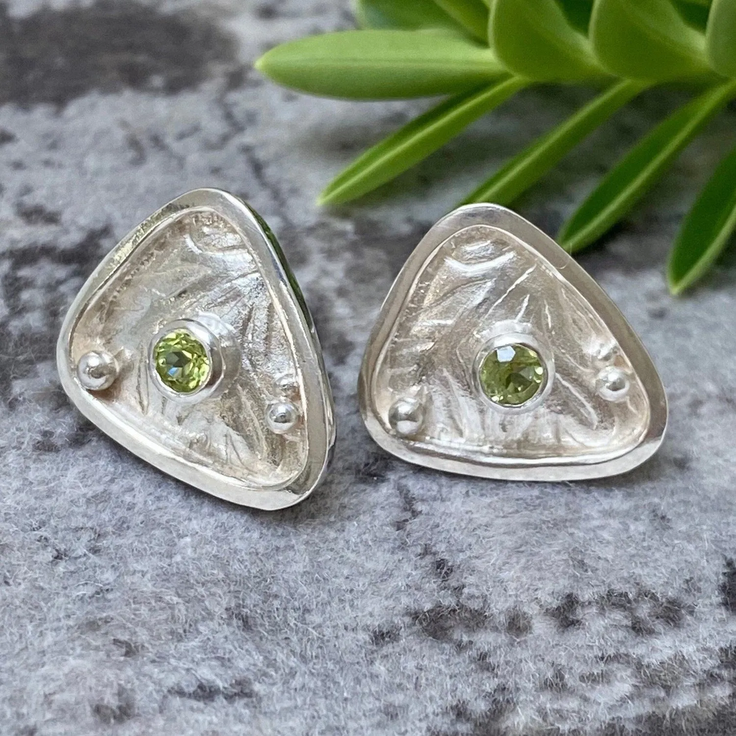 Silver Warrior Celtic Shield Earrings, Peridot Triangle Earrings