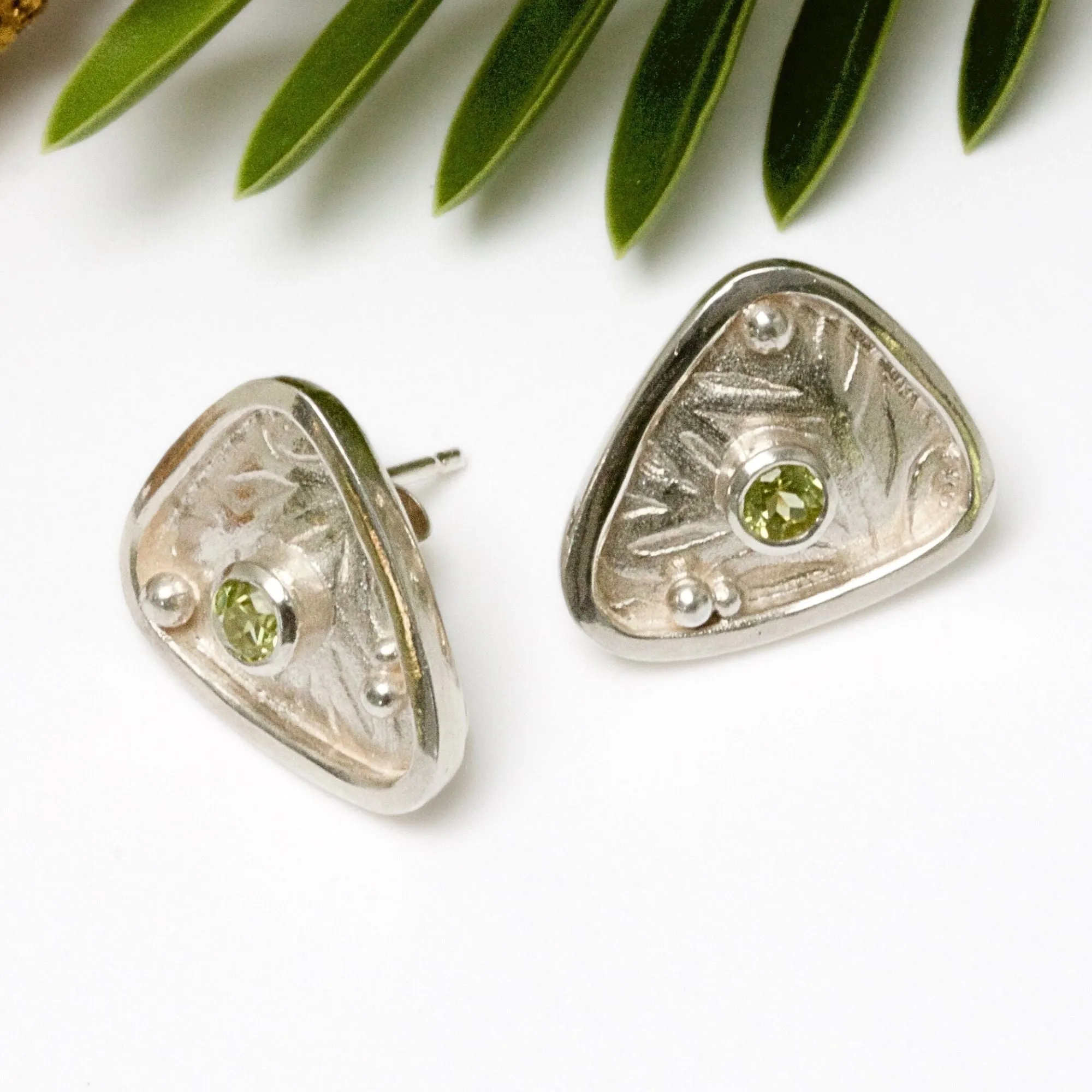 Silver Warrior Celtic Shield Earrings, Peridot Triangle Earrings