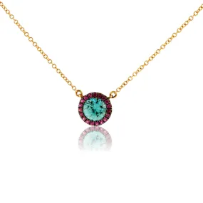 Simple Round Blue Zircon in Pink Sapphire Halo Pendant