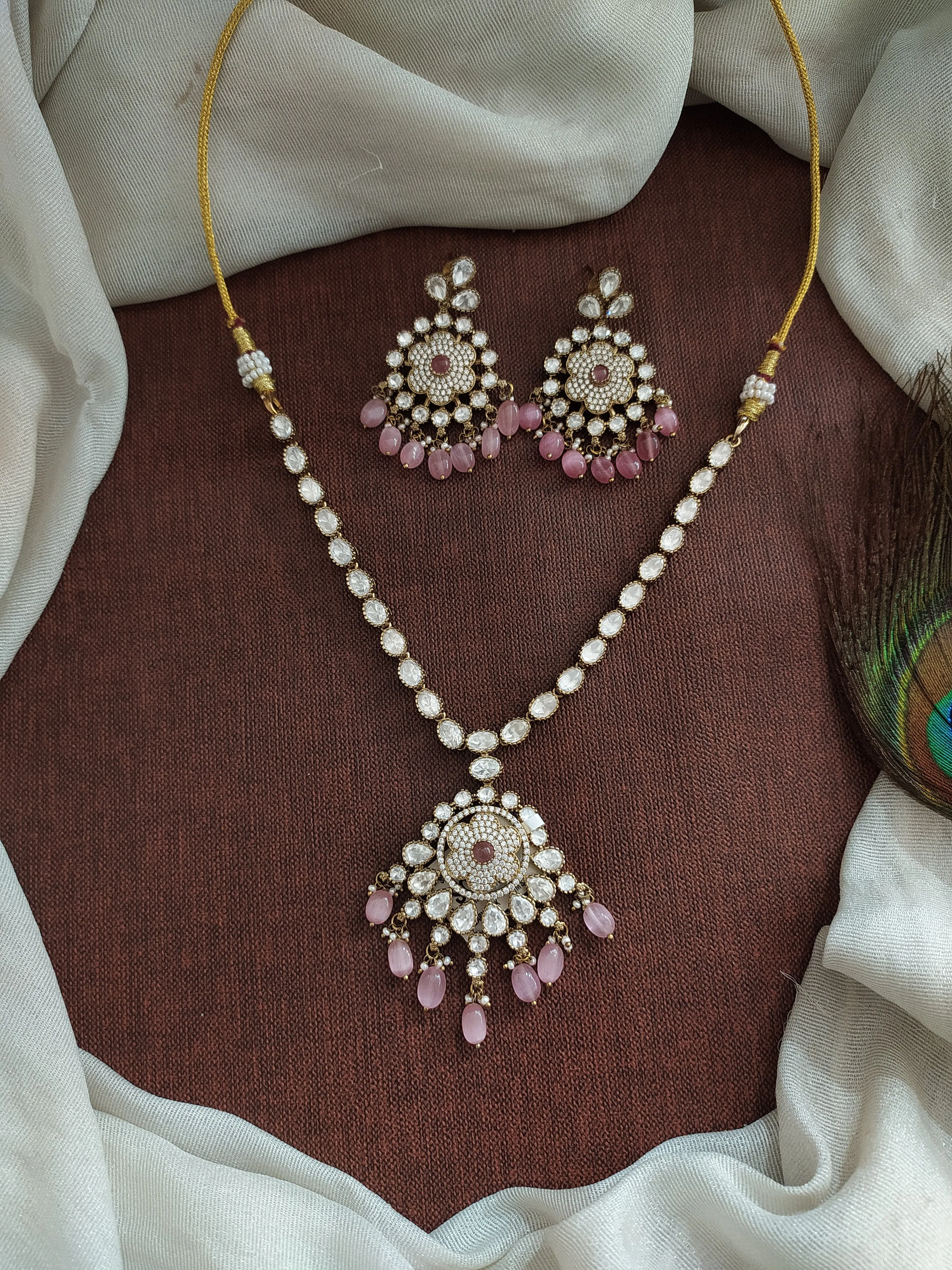 Simple Victorian Necklace Set with Floral Pendant and Moissanite Stones