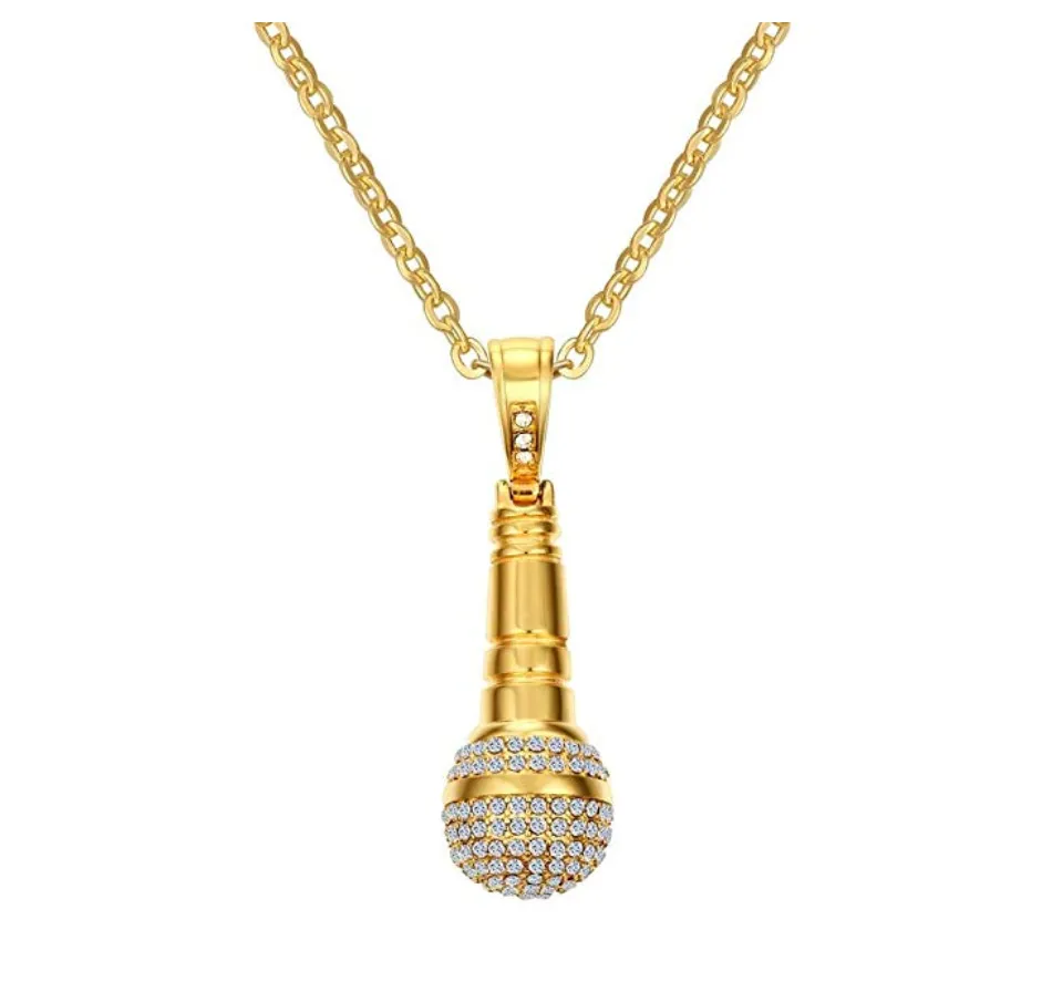 Simulated Diamond Microphone Necklace Gold Disc Jockey Rapper Jewelry Hip Hop DJ Chain Silver Stainless Steel 24in.