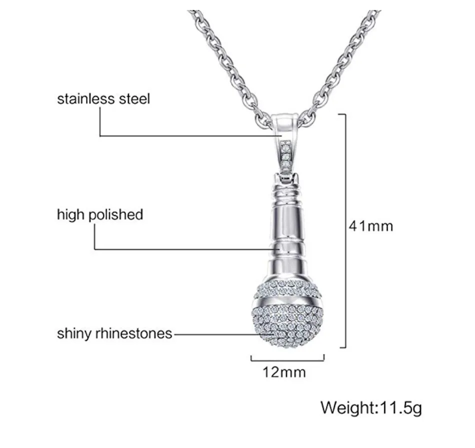 Simulated Diamond Microphone Necklace Gold Disc Jockey Rapper Jewelry Hip Hop DJ Chain Silver Stainless Steel 24in.