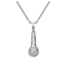 Simulated Diamond Microphone Necklace Gold Disc Jockey Rapper Jewelry Hip Hop DJ Chain Silver Stainless Steel 24in.