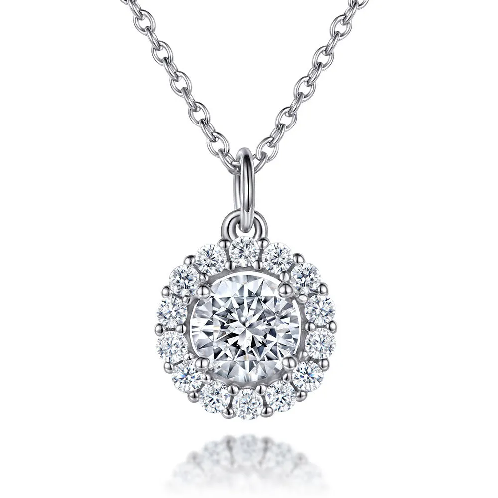 Soleste Halo with Round Zircon Pendant Silver Necklace for Women