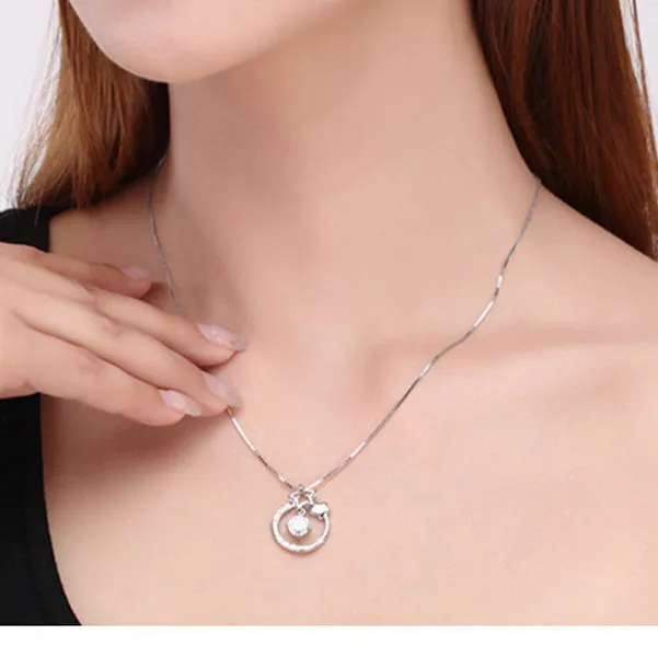 Star with Round Zircon Circle Pendant Silver Necklace for Women