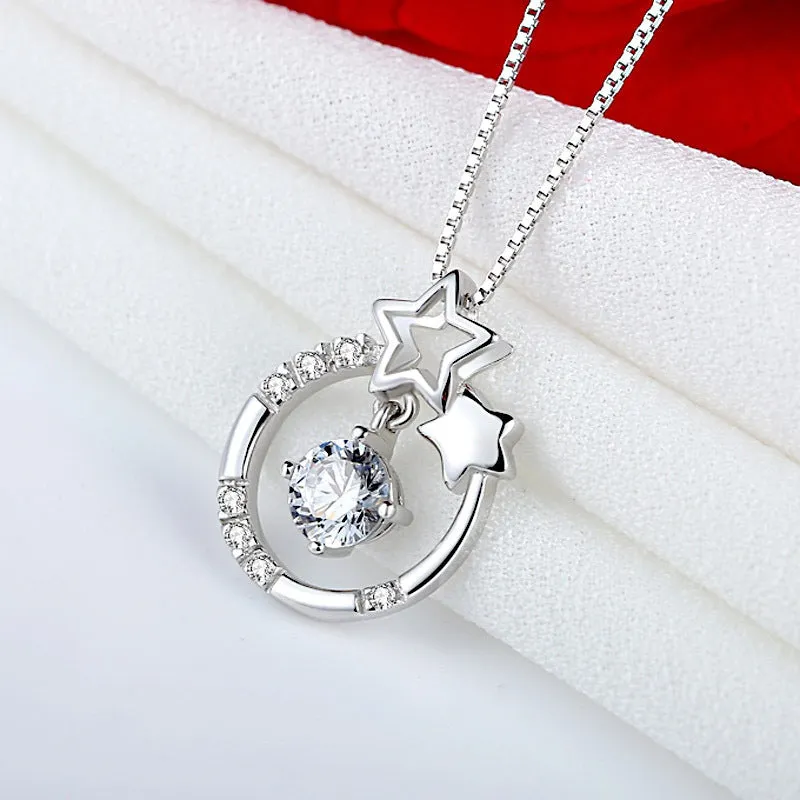 Star with Round Zircon Circle Pendant Silver Necklace for Women