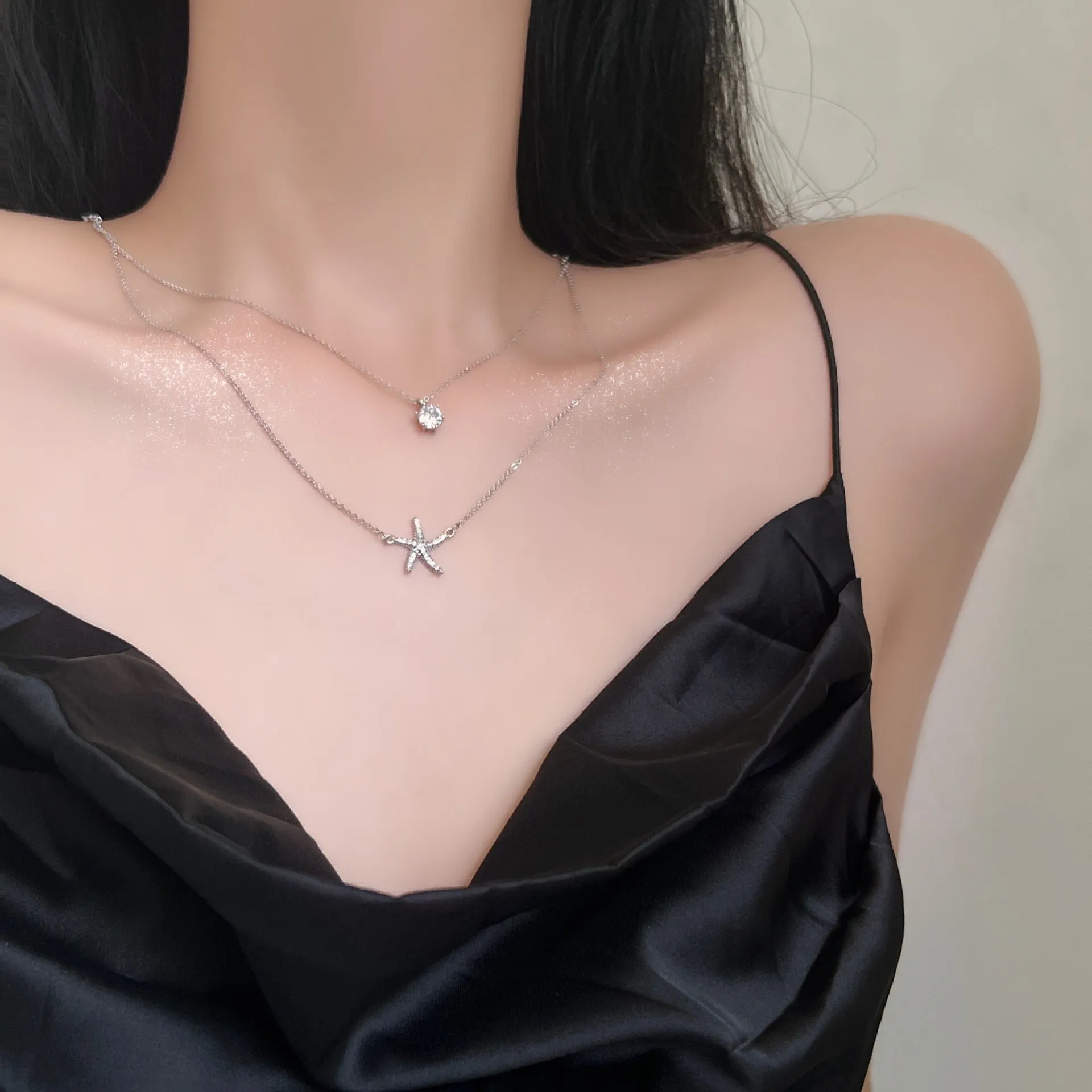 Starfish with Zircon Double Layers Silver Necklace for Women