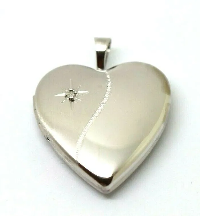 Sterling Silver Heart Diamond Heart Brushed/Polished Locket