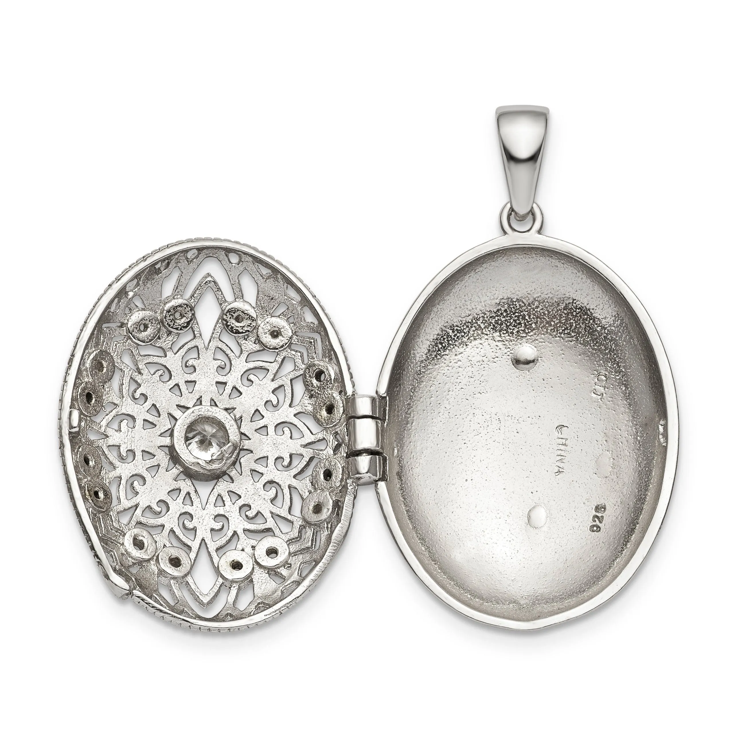 Sterling Silver Rhodium-plated CZ Oval Filigree Locket