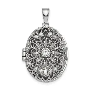 Sterling Silver Rhodium-plated CZ Oval Filigree Locket