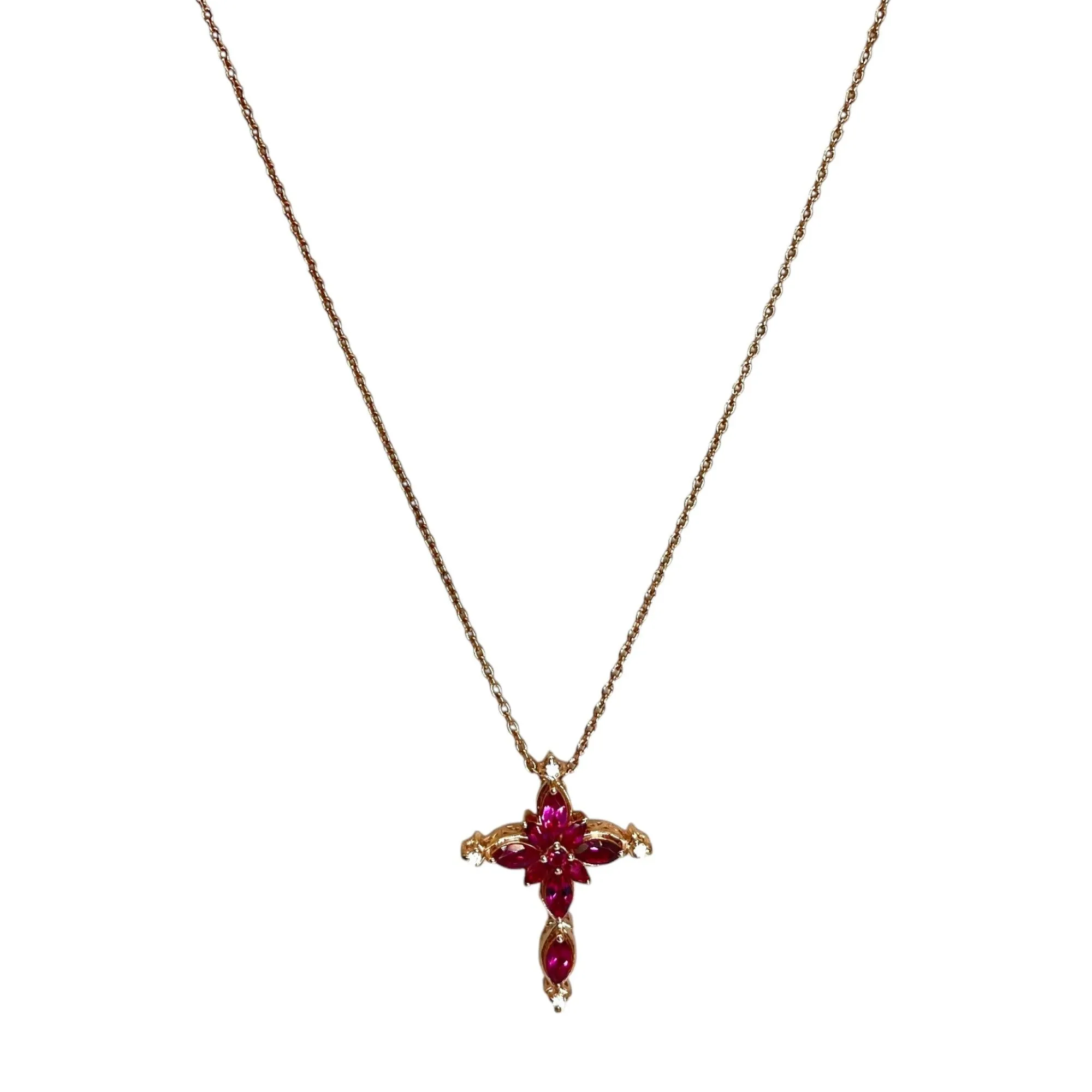 Sterling Silver Rose Gold Layered Ruby Cubic Zirconia Cross Pendant Necklace