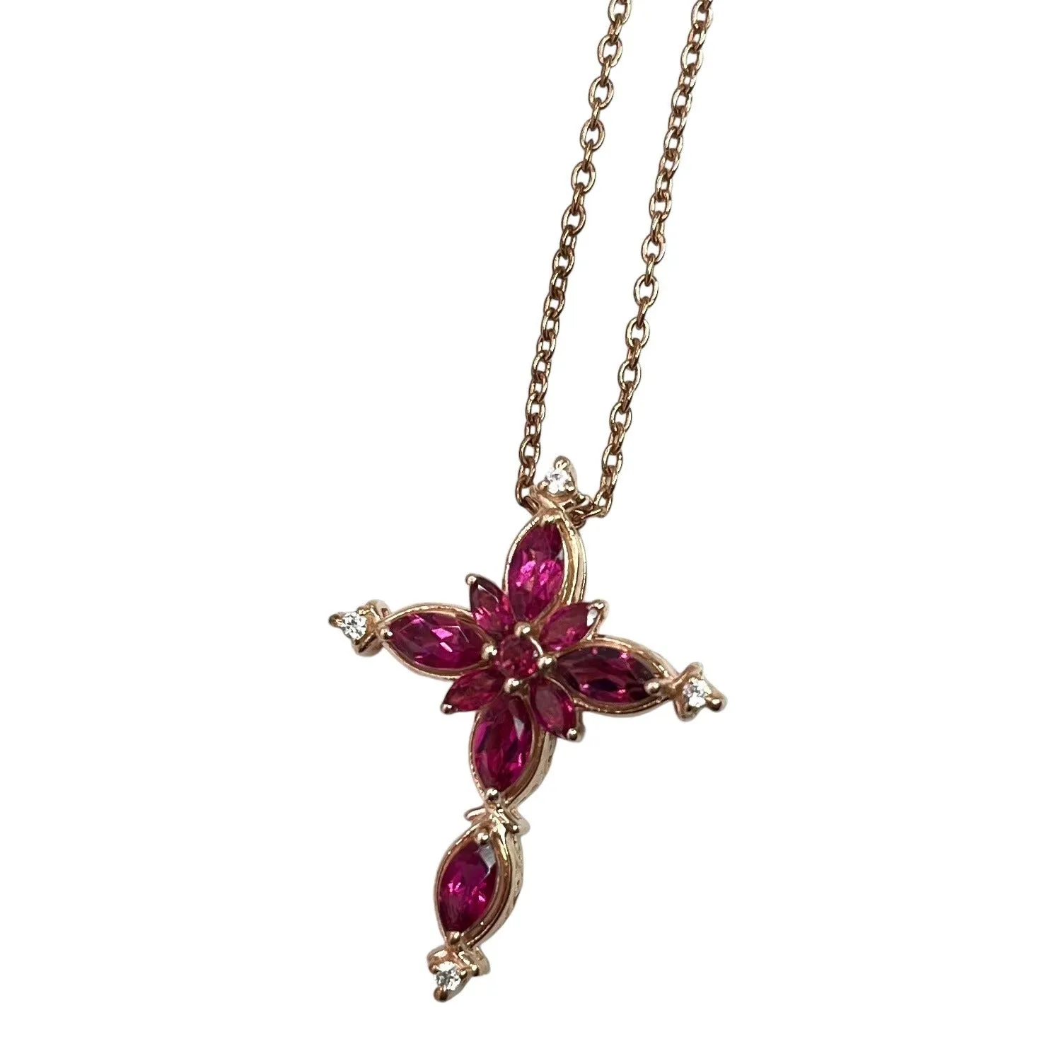 Sterling Silver Rose Gold Layered Ruby Cubic Zirconia Cross Pendant Necklace