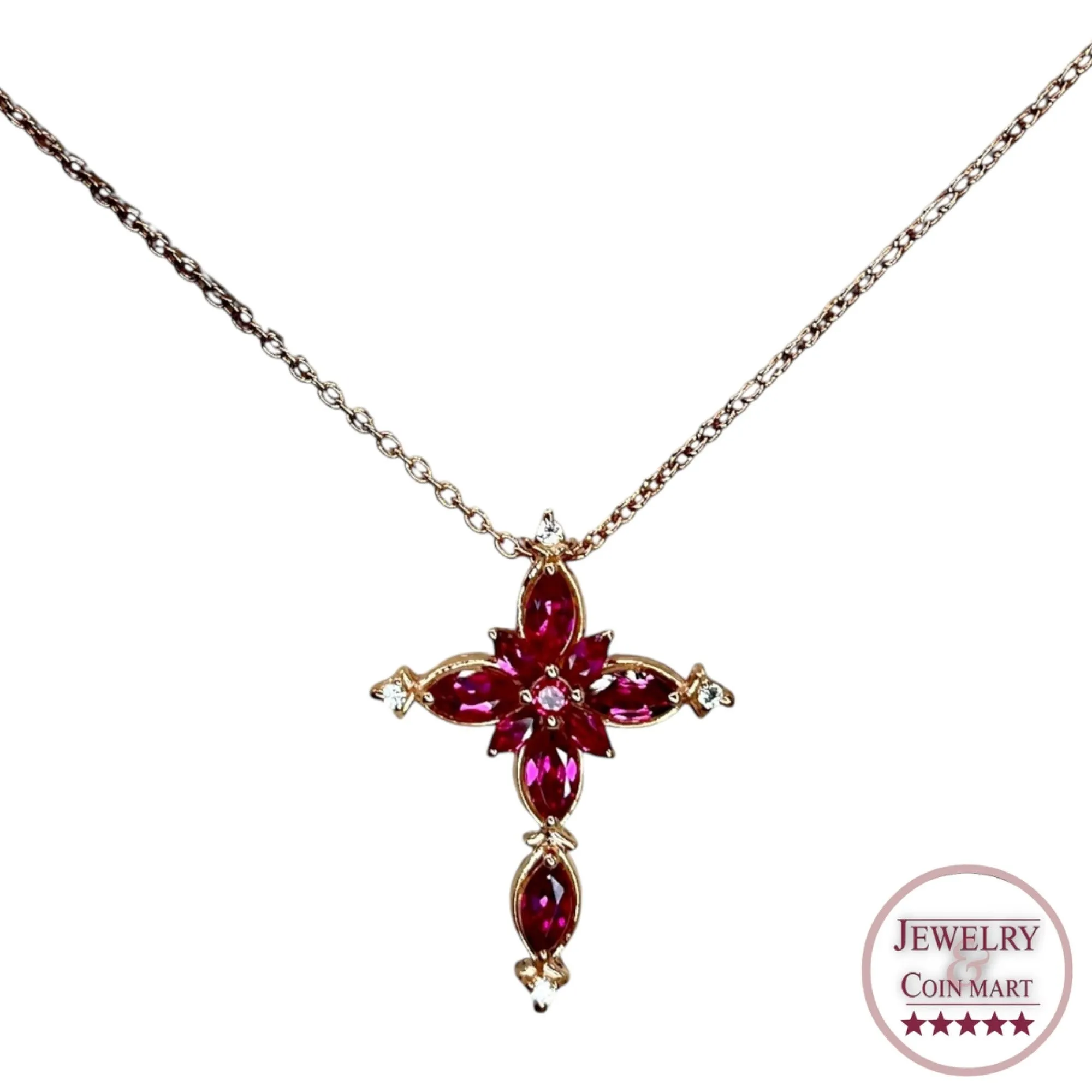 Sterling Silver Rose Gold Layered Ruby Cubic Zirconia Cross Pendant Necklace