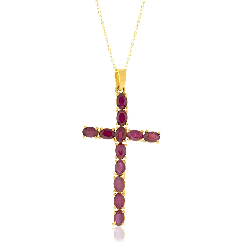 Sterling Silver Yellow Gold Plated 6.00ct Natural Ruby Cross Pendant