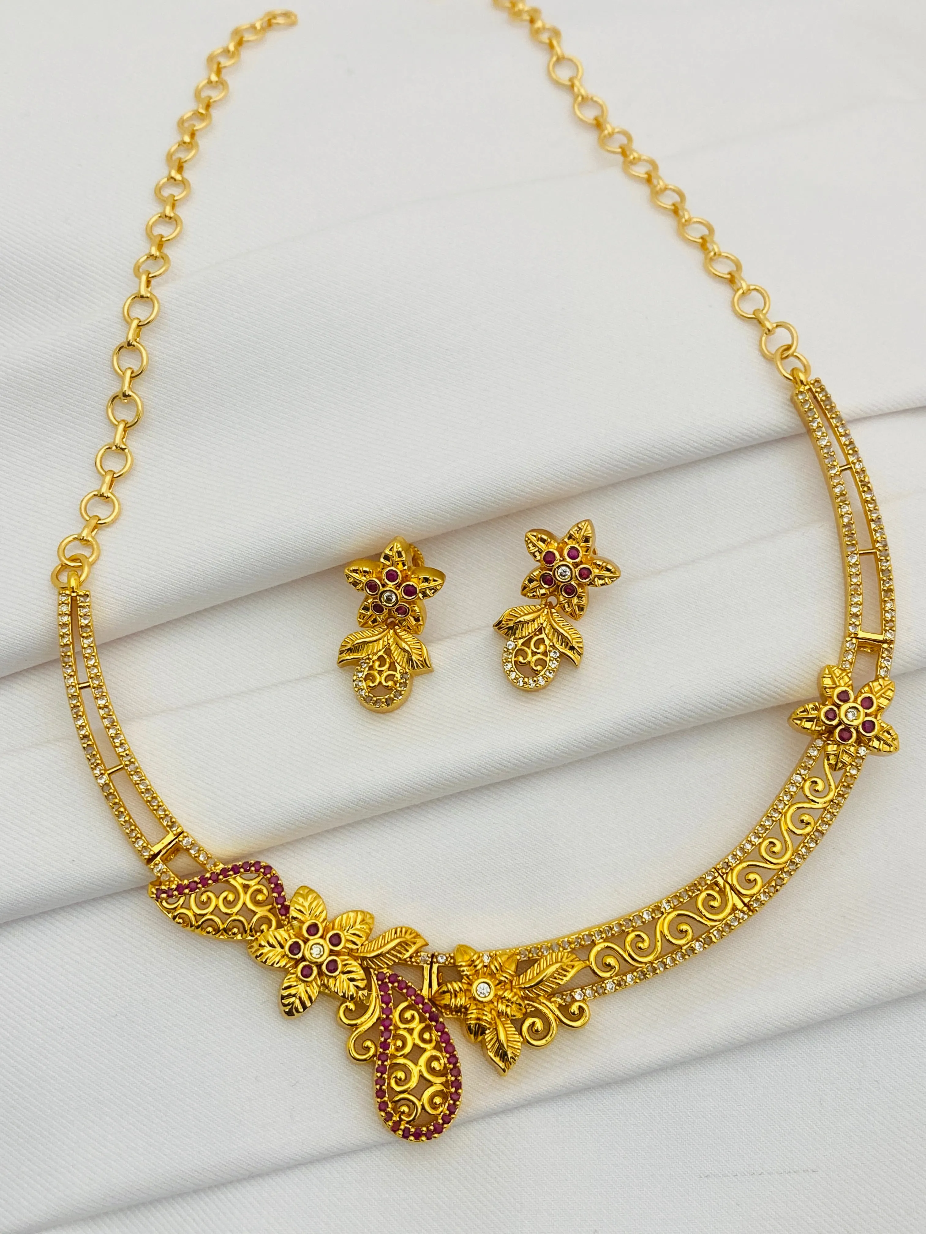 Stunning Gold Plated Premium Ruby Stoned Necklace Set