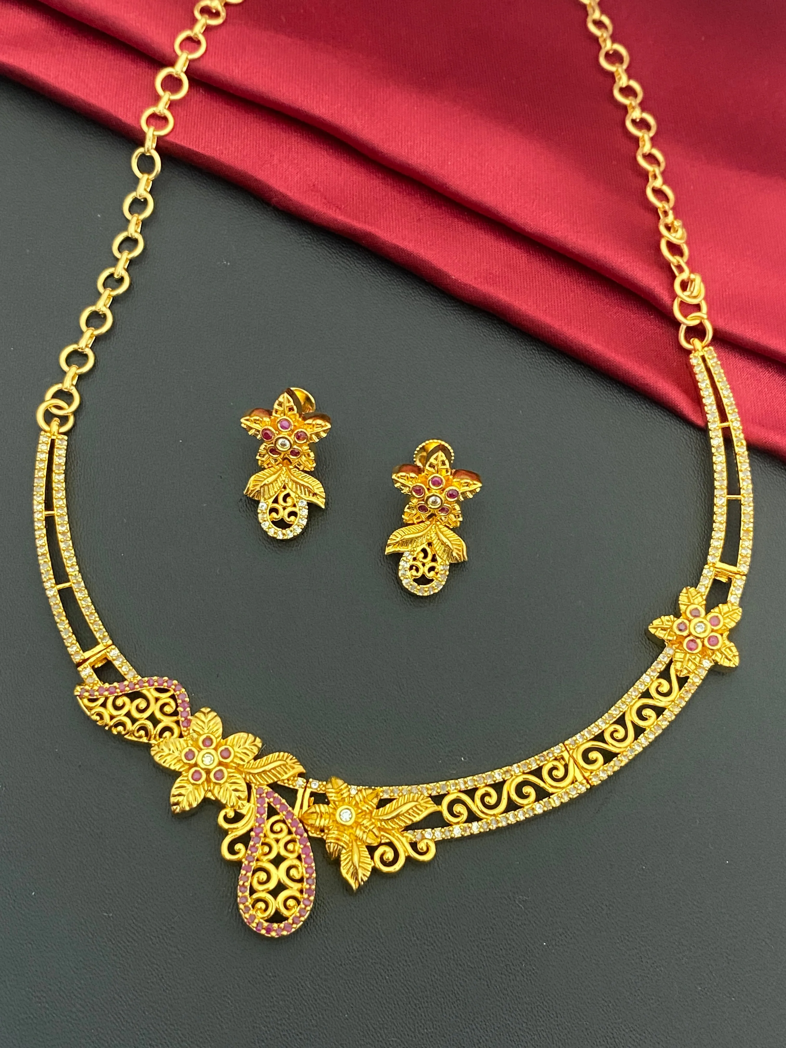 Stunning Gold Plated Premium Ruby Stoned Necklace Set