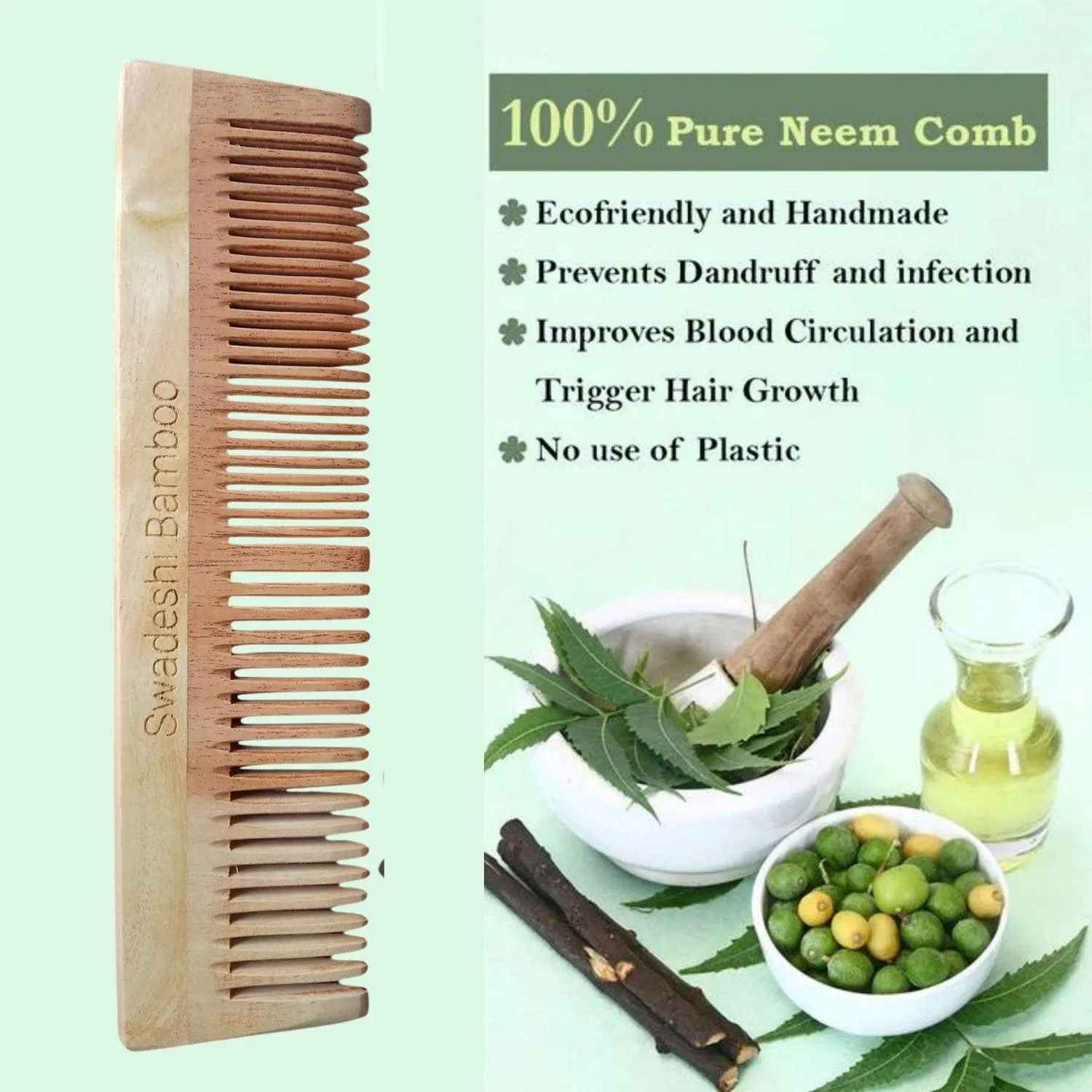 Swadeshi Bamboo Neem Wood Comb |  Hair Care | Hair Growth