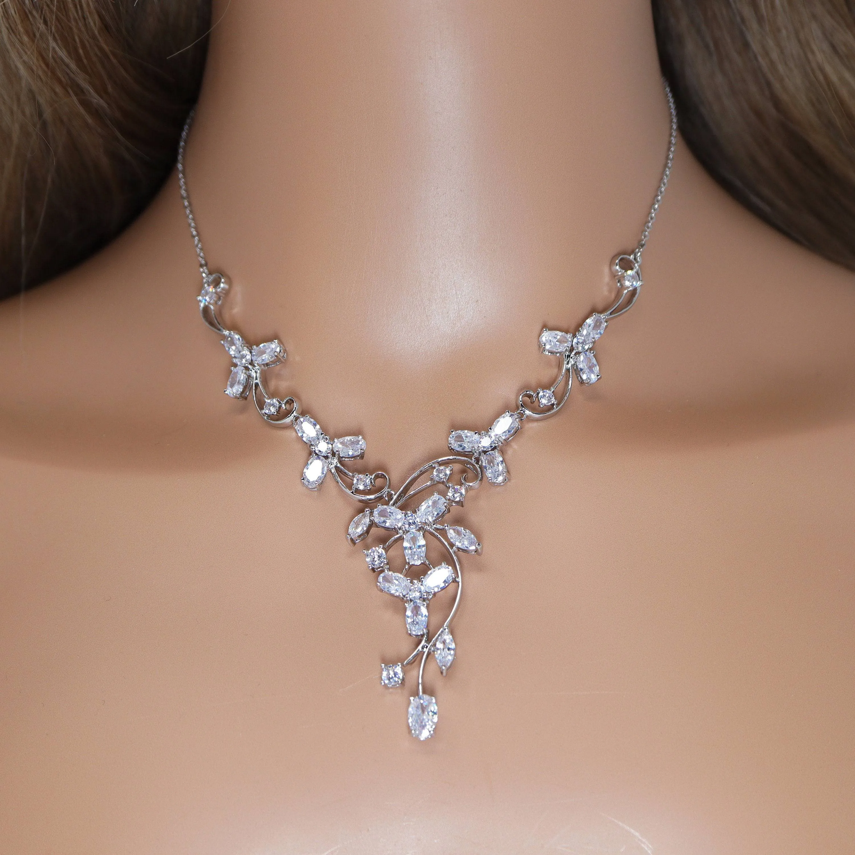 Swarovski Enchanted Vine Leaves Necklace, Long Bridal Jewelry, Bridal Earrings And Necklace, Statement Earrings Cz Necklace Set.