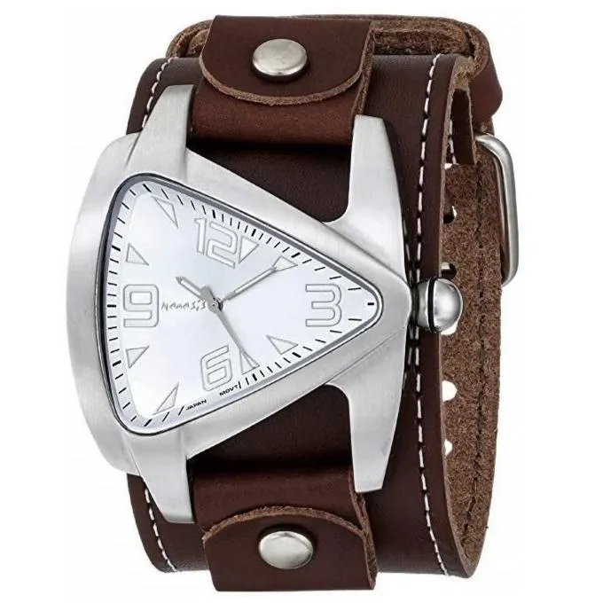 Teardrop Silver Watch with Stitched Brown Leather Wide Cuff