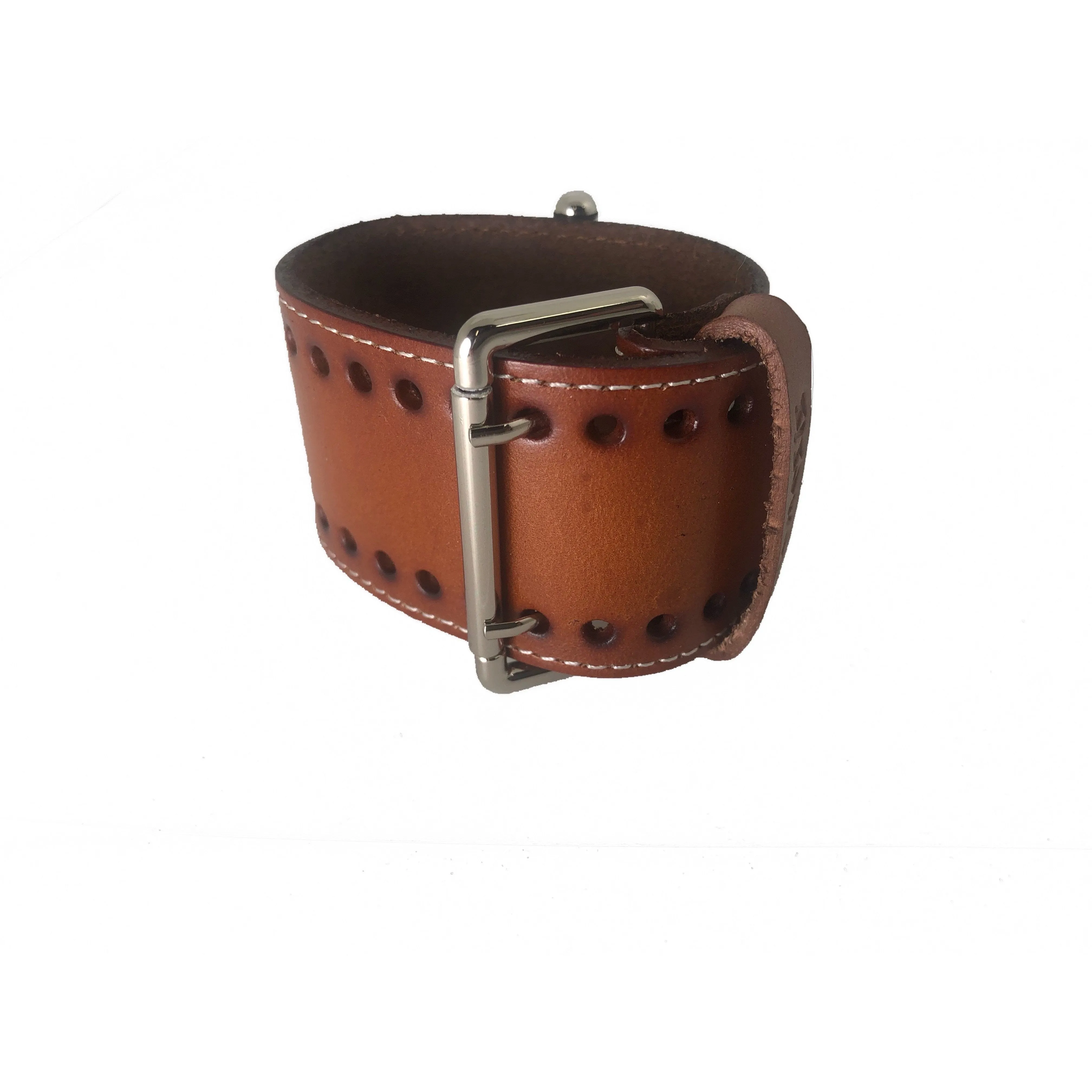 Teardrop Silver Watch with Stitched Brown Leather Wide Cuff