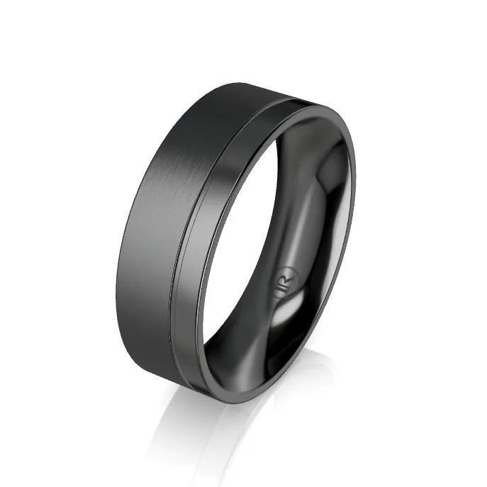 The Lawrence Offset Brushed and Polished Black Zirconium Wedding Ring