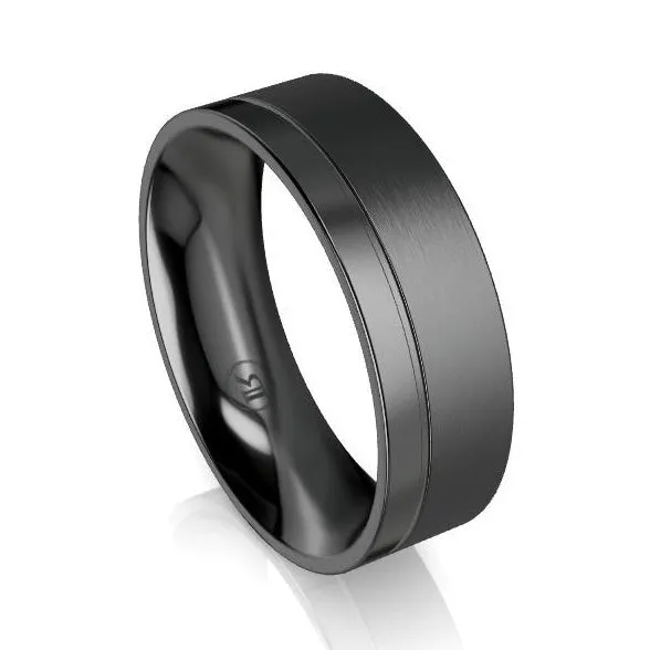 The Lawrence Offset Brushed and Polished Black Zirconium Wedding Ring