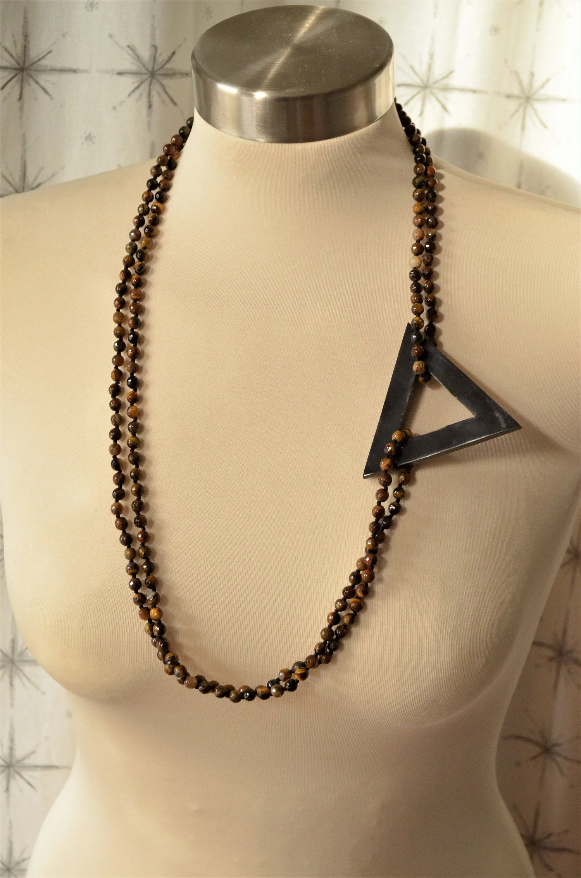 Tiger Eye Black Pendant Statement Necklace Knotted Long Necklace Boho Jewelry - Topper