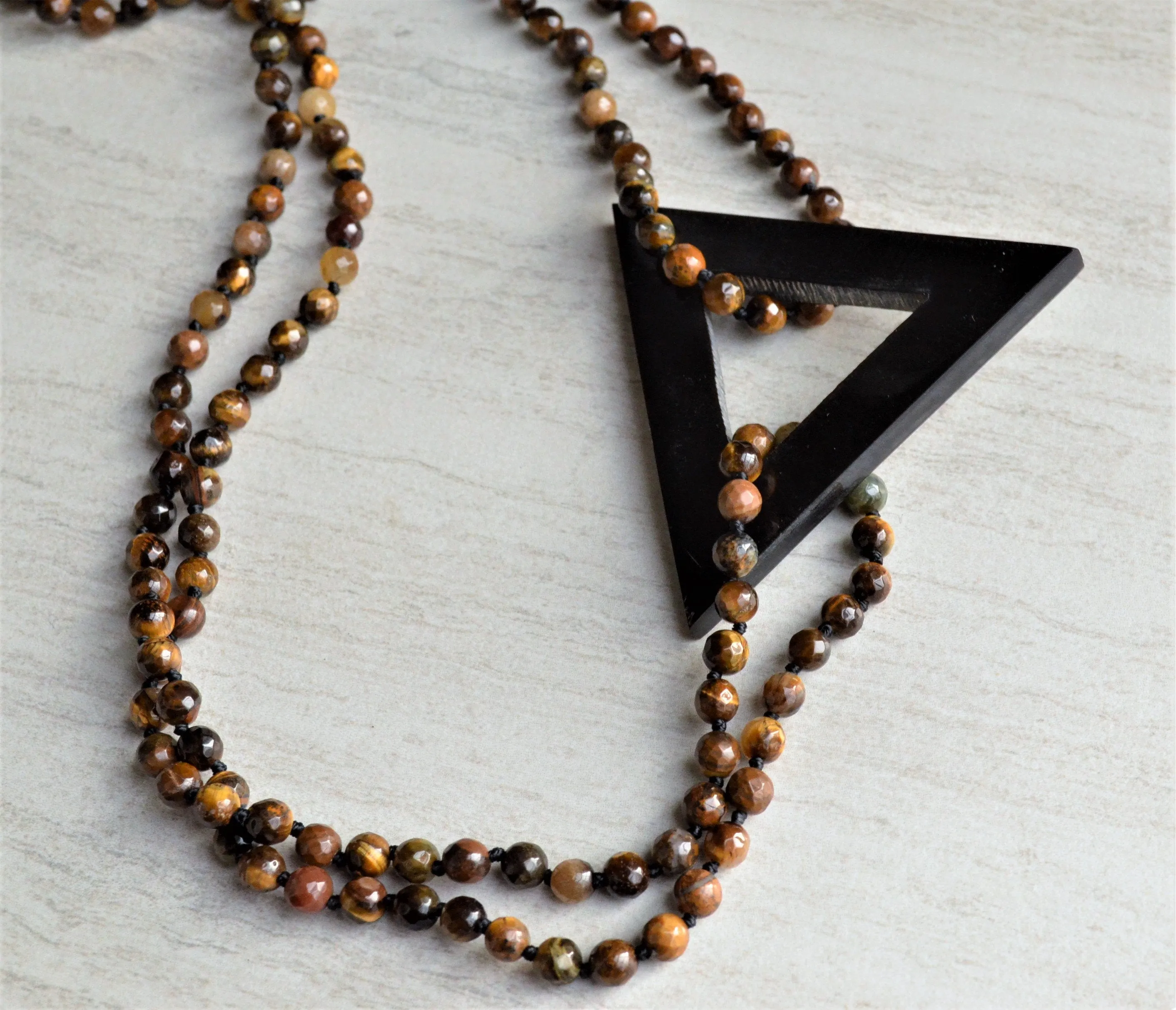 Tiger Eye Black Pendant Statement Necklace Knotted Long Necklace Boho Jewelry - Topper