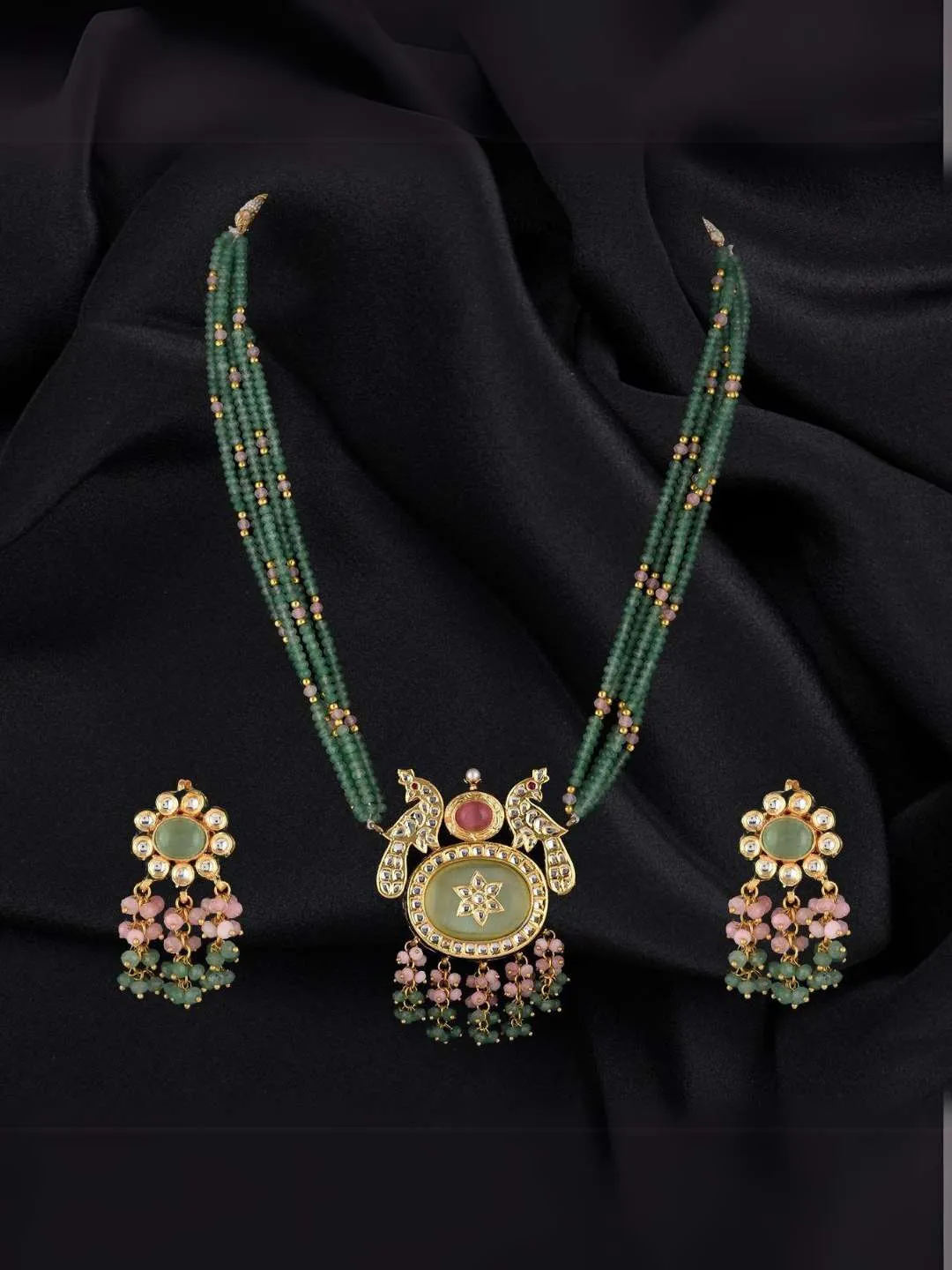 Traditional Gold Plated Multistrand Beaded Kundan And Meenakari Necklace Set