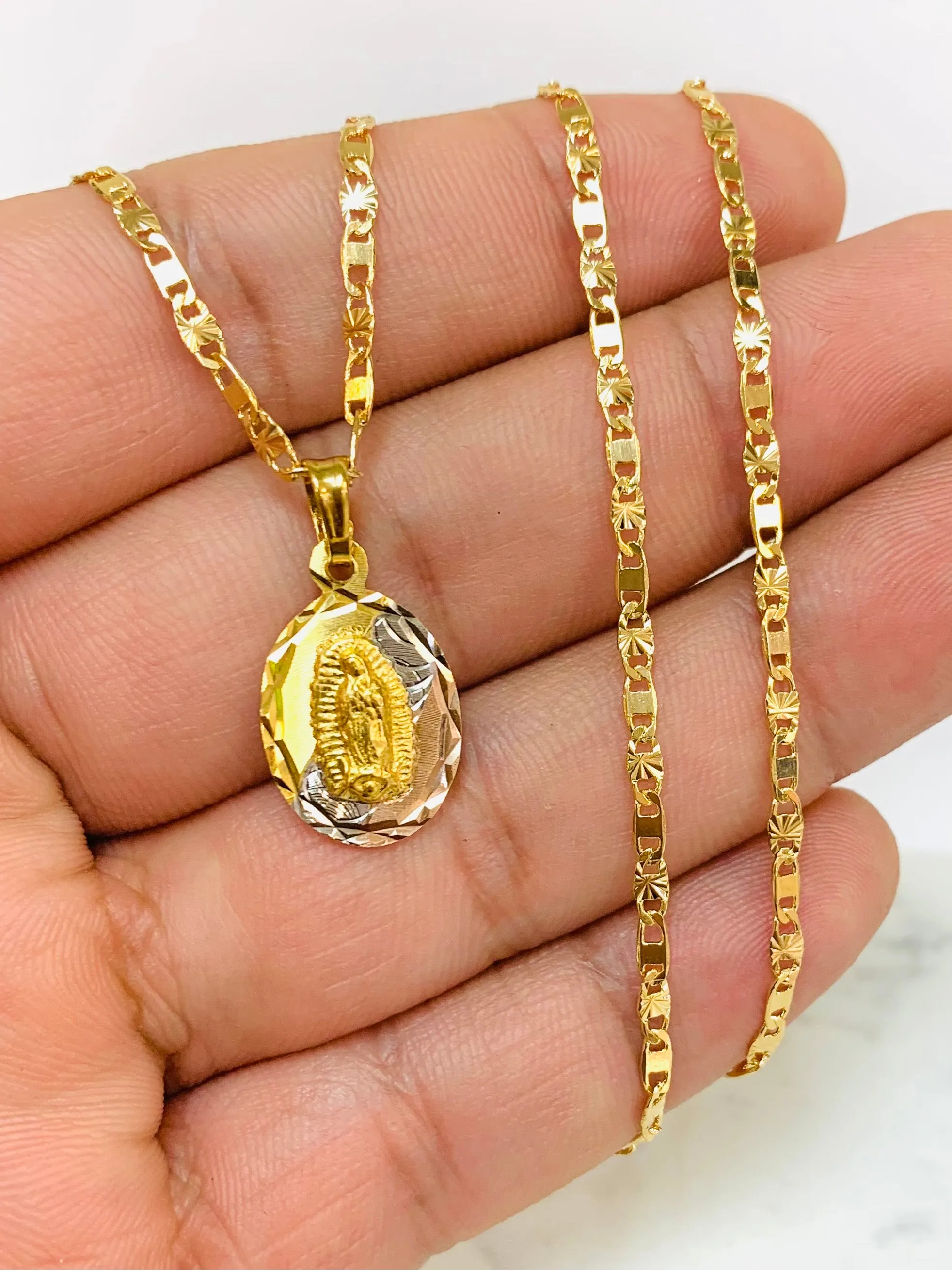 Tri Color Virgen de Guadalupe Pendant Necklace 18K Gold Filled For Womens 20" - Prime Jewelry 269