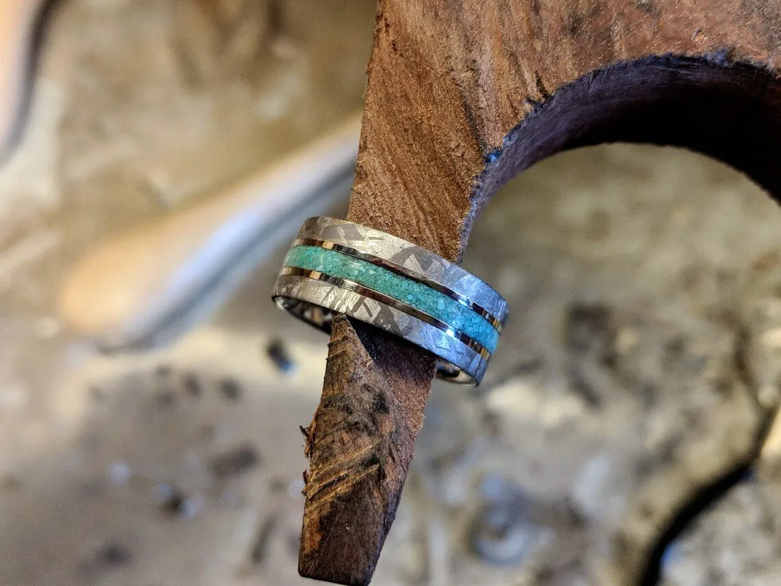 Turquoise Ring Meteorite Band Custom Wedding Jewelry 8mm