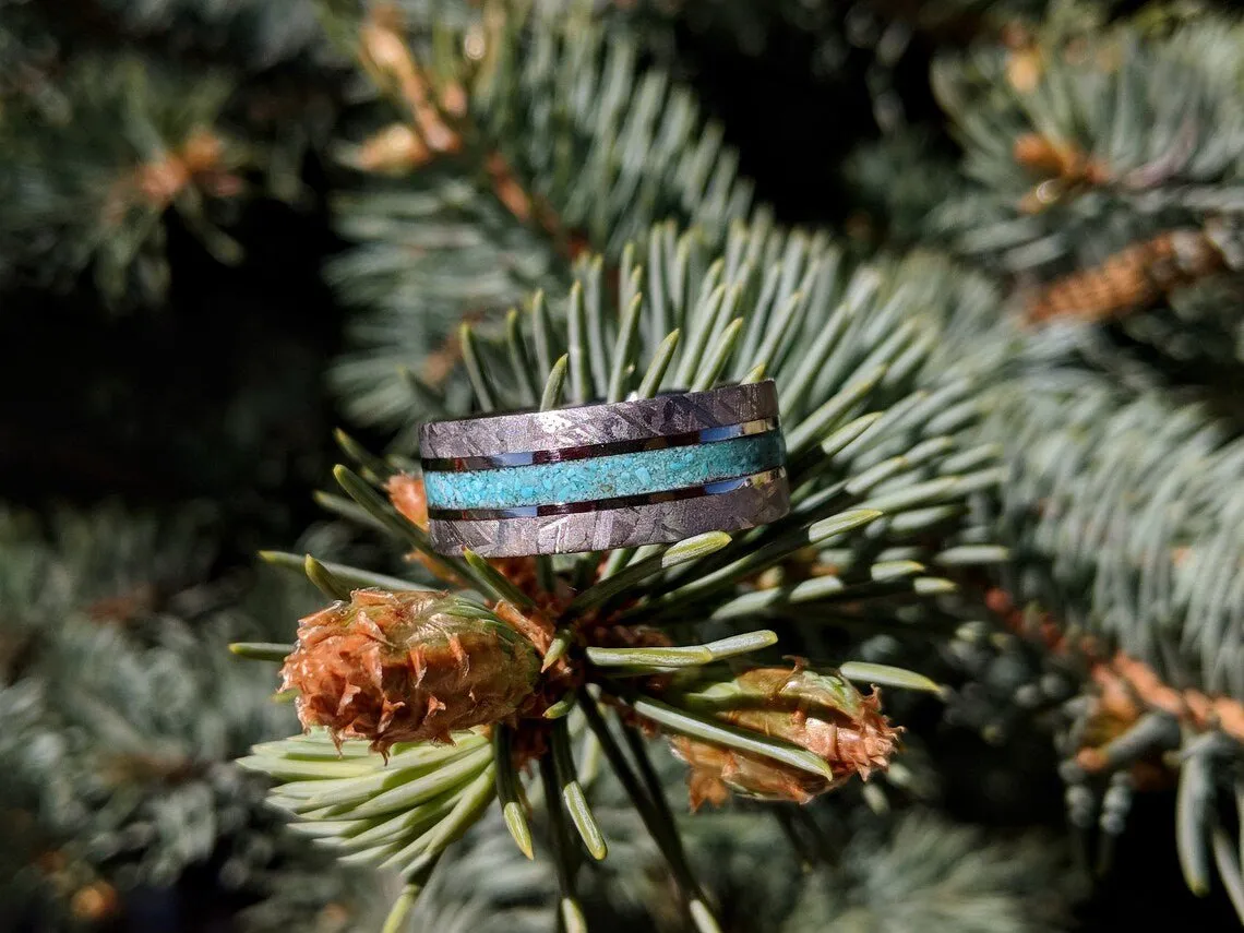 Turquoise Ring Meteorite Band Custom Wedding Jewelry 8mm