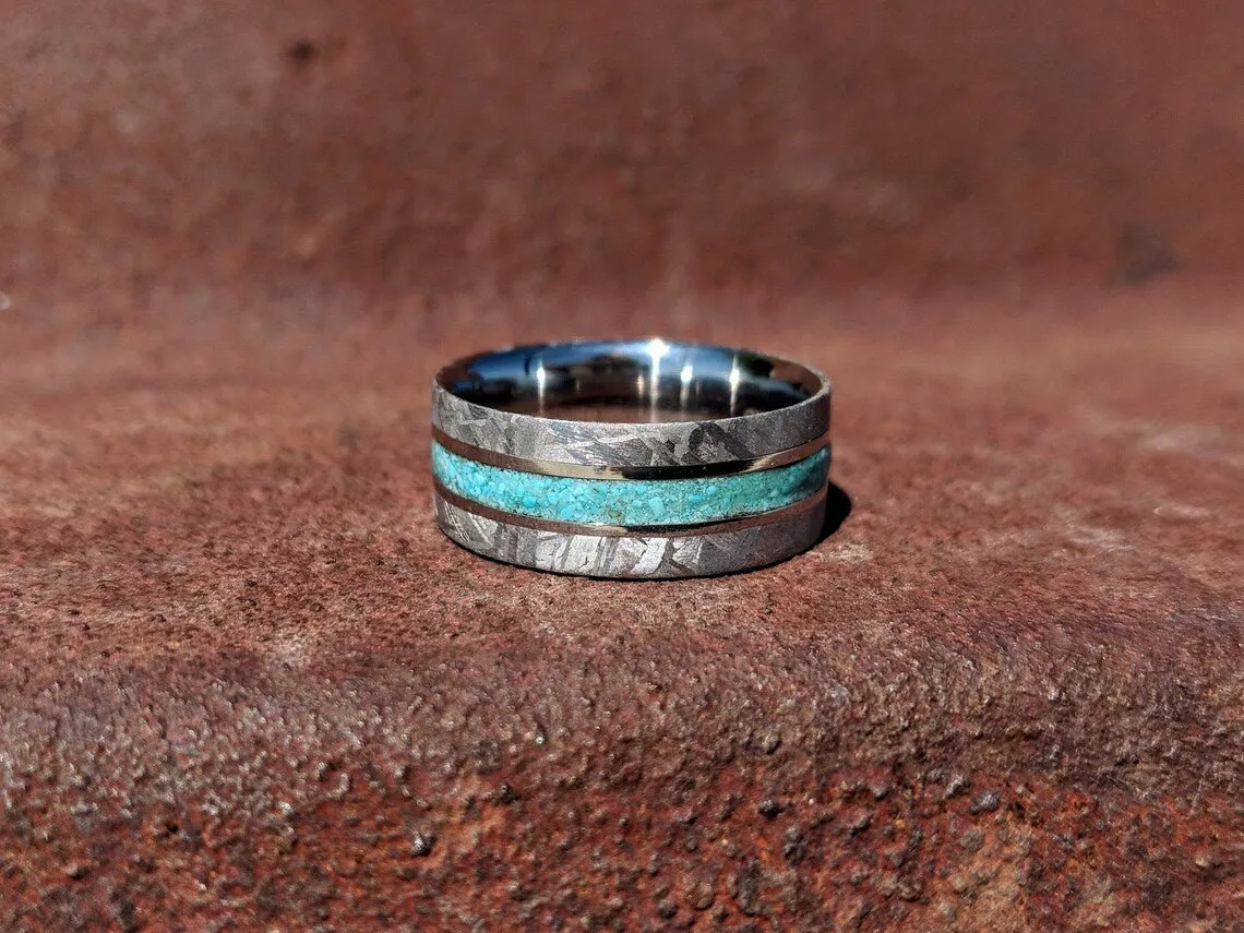 Turquoise Ring Meteorite Band Custom Wedding Jewelry 8mm