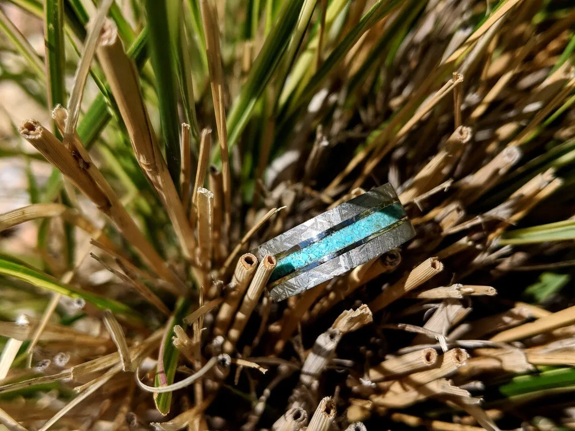 Turquoise Ring Meteorite Band Custom Wedding Jewelry 8mm