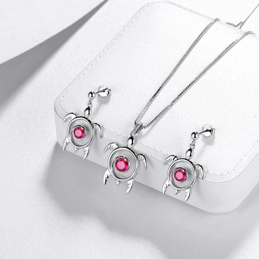 Turtle Birthstone July Ruby Jewelry Set 3PCS Women Girls Birthday Gift