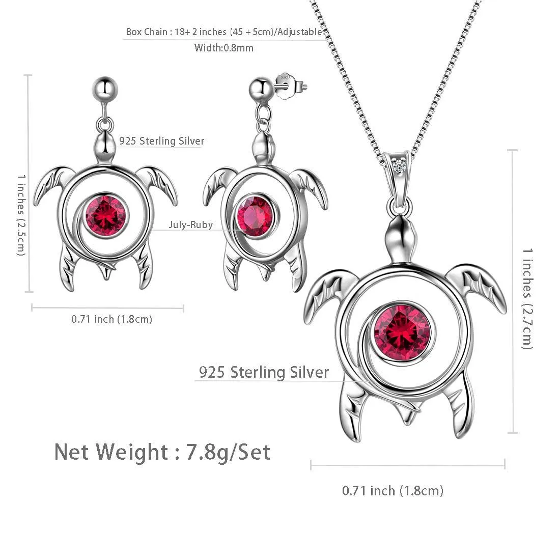 Turtle Birthstone July Ruby Jewelry Set 3PCS Women Girls Birthday Gift