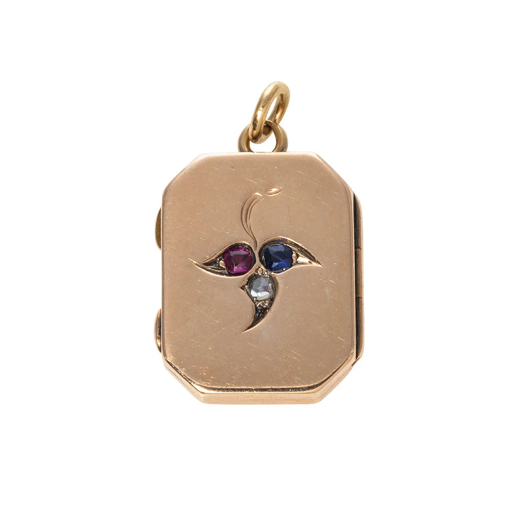 Victorian Diamond, Ruby & Sapphire Trefoil 9K Gold Locket Pendant