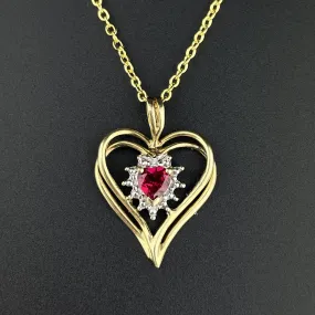 Vintage 10K Gold Ruby White Quartz Heart Pendant Necklace