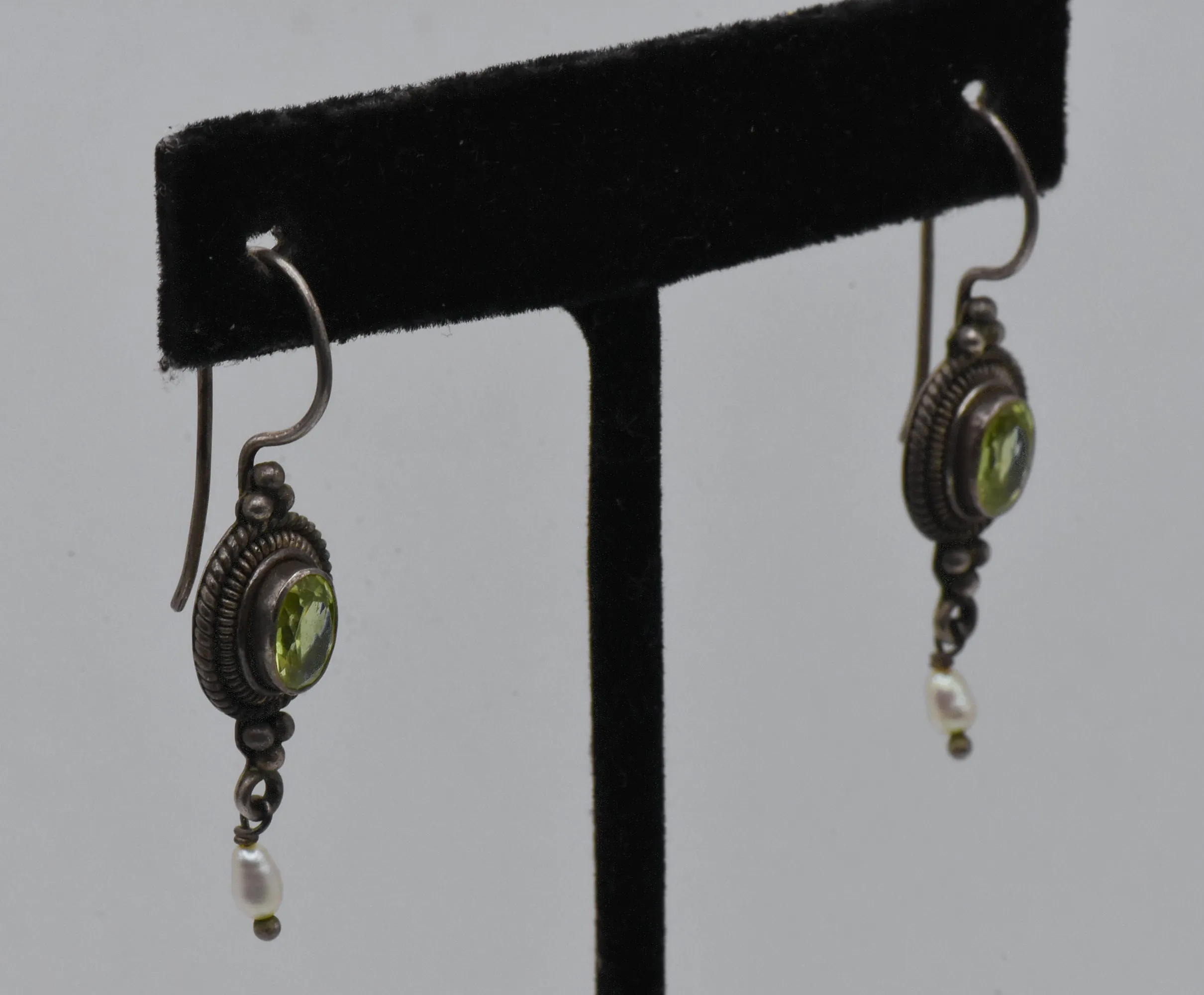 Vintage Faux Peridot and Pearl Sterling Silver Dangle Earrings