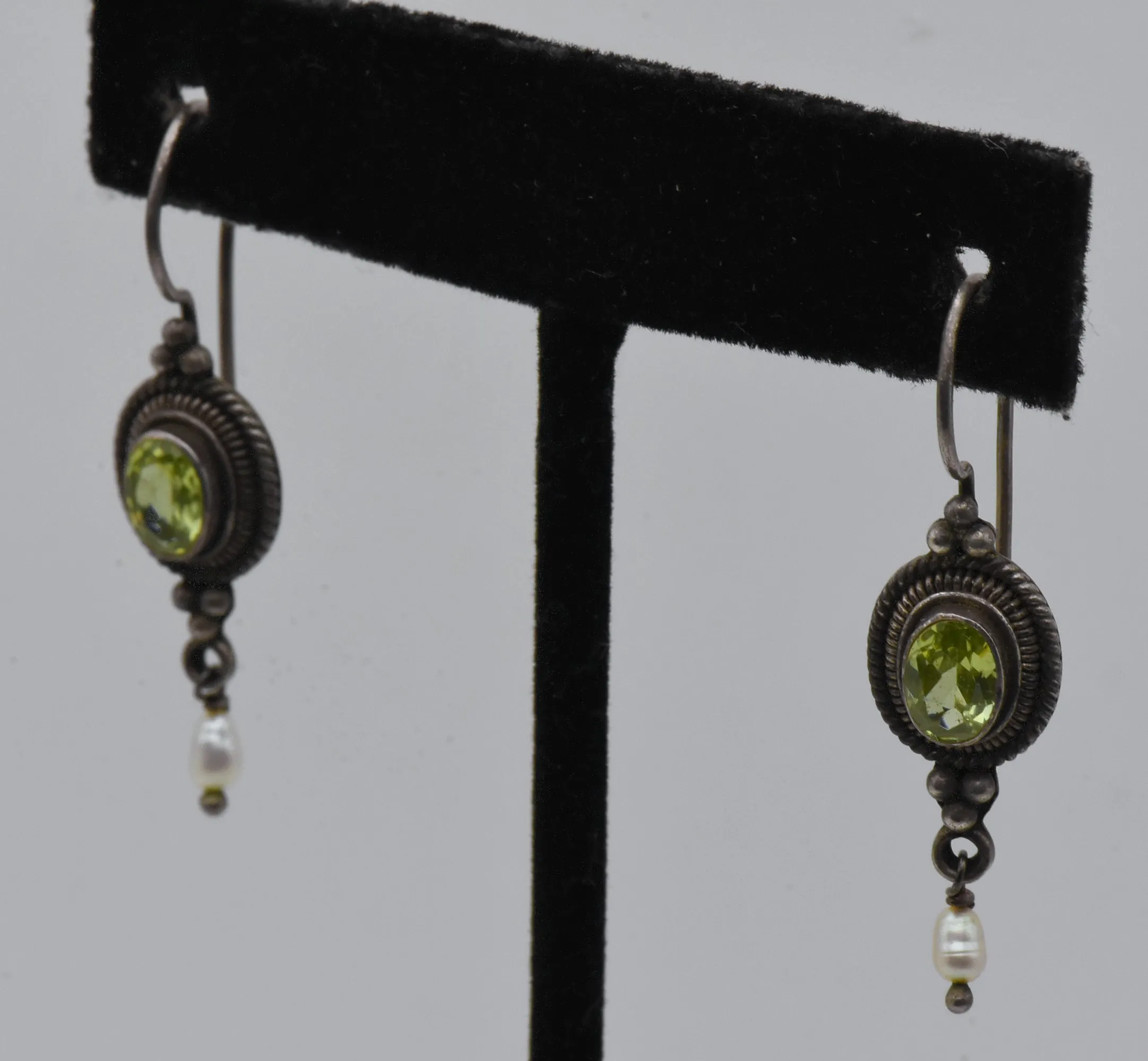 Vintage Faux Peridot and Pearl Sterling Silver Dangle Earrings