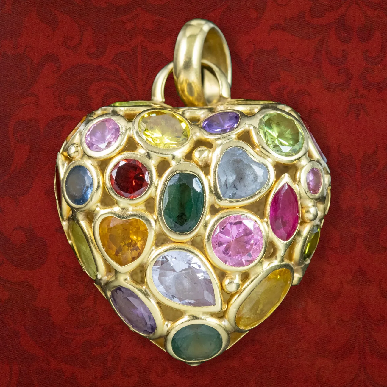 Vintage Harlequin Gemstone Heart Pendant 18ct Gold