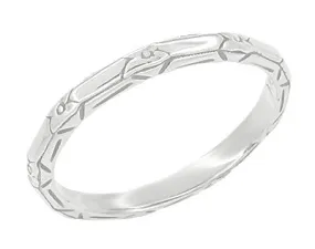 Vintage Inspired Art Deco Floral Geometric Carved Wedding Band in Platinum - SIze 6.5