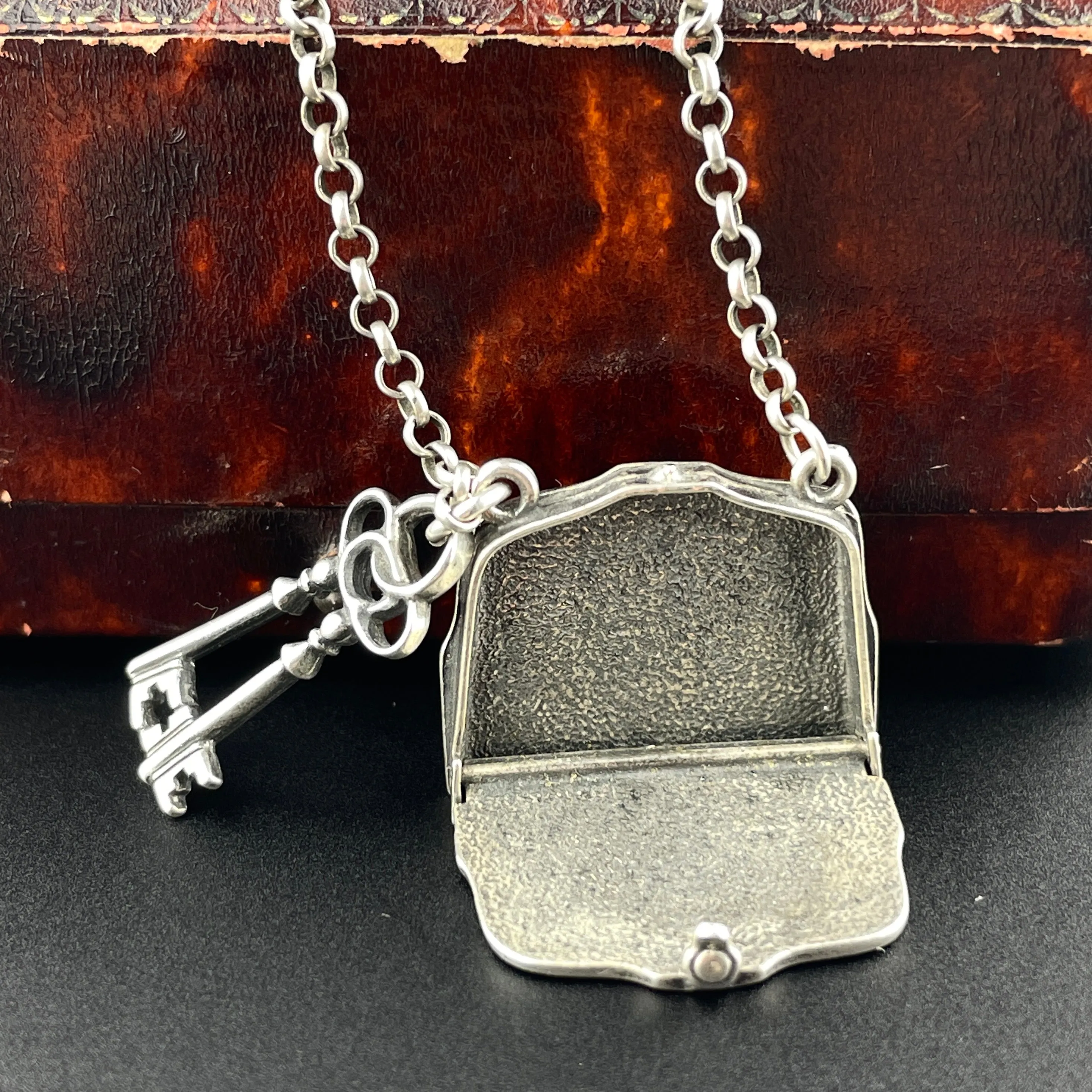 Vintage Purse and Key Hinged Sterling Silver Locket Necklace