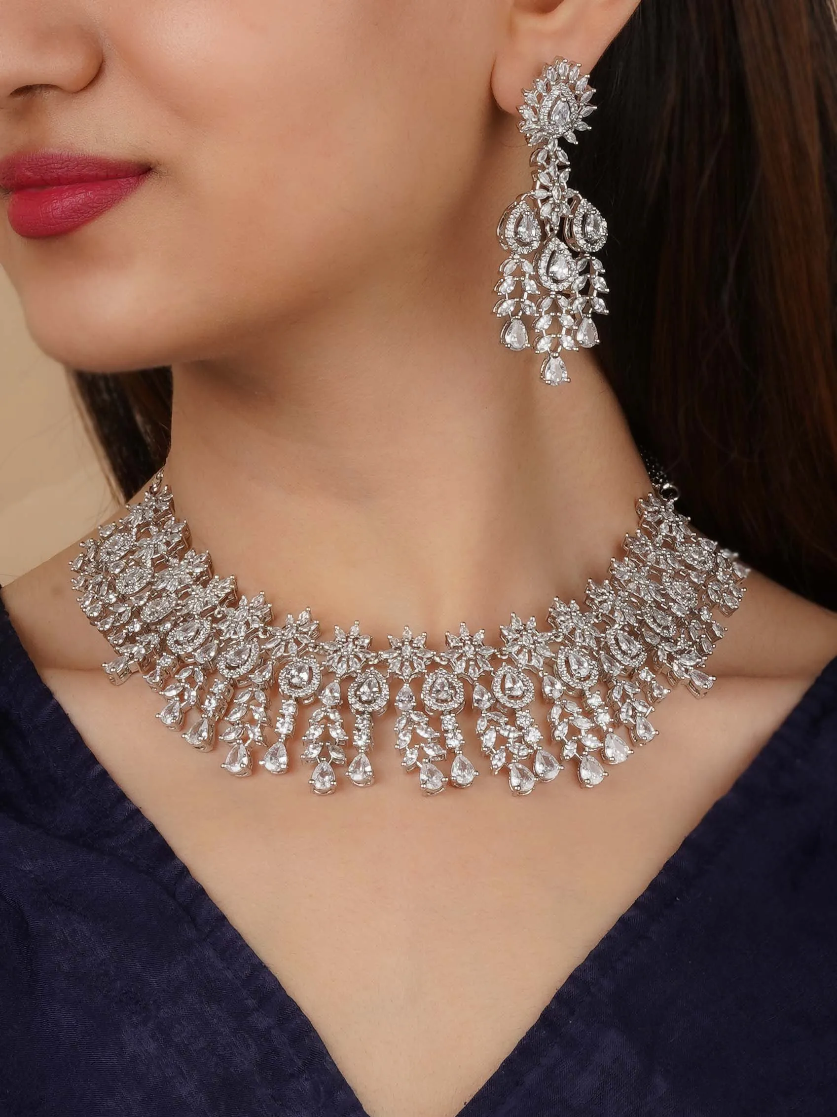 White Color Silver Plated Faux Diamond Bridal Necklace Set - CZSET367