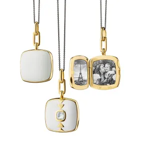 White Enamel Vermeil Cushion Locket with White Sapphire