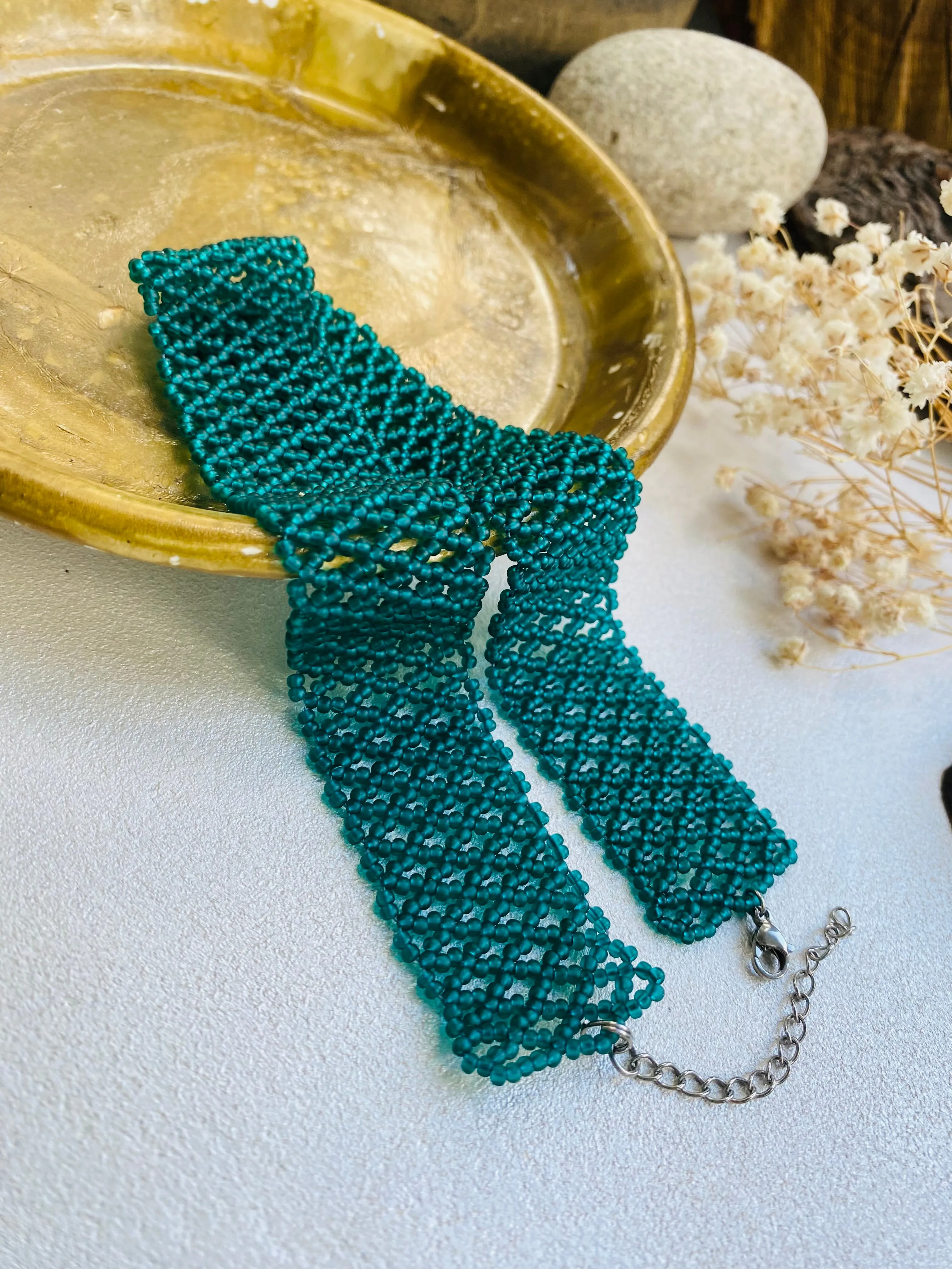 Wide Emerald Choker, Green Seed Bead Choker Collar, Thick Choker Necklace, Bead Lace Choker, Unique Choker, Boho Hippie Choker, Sexy choker