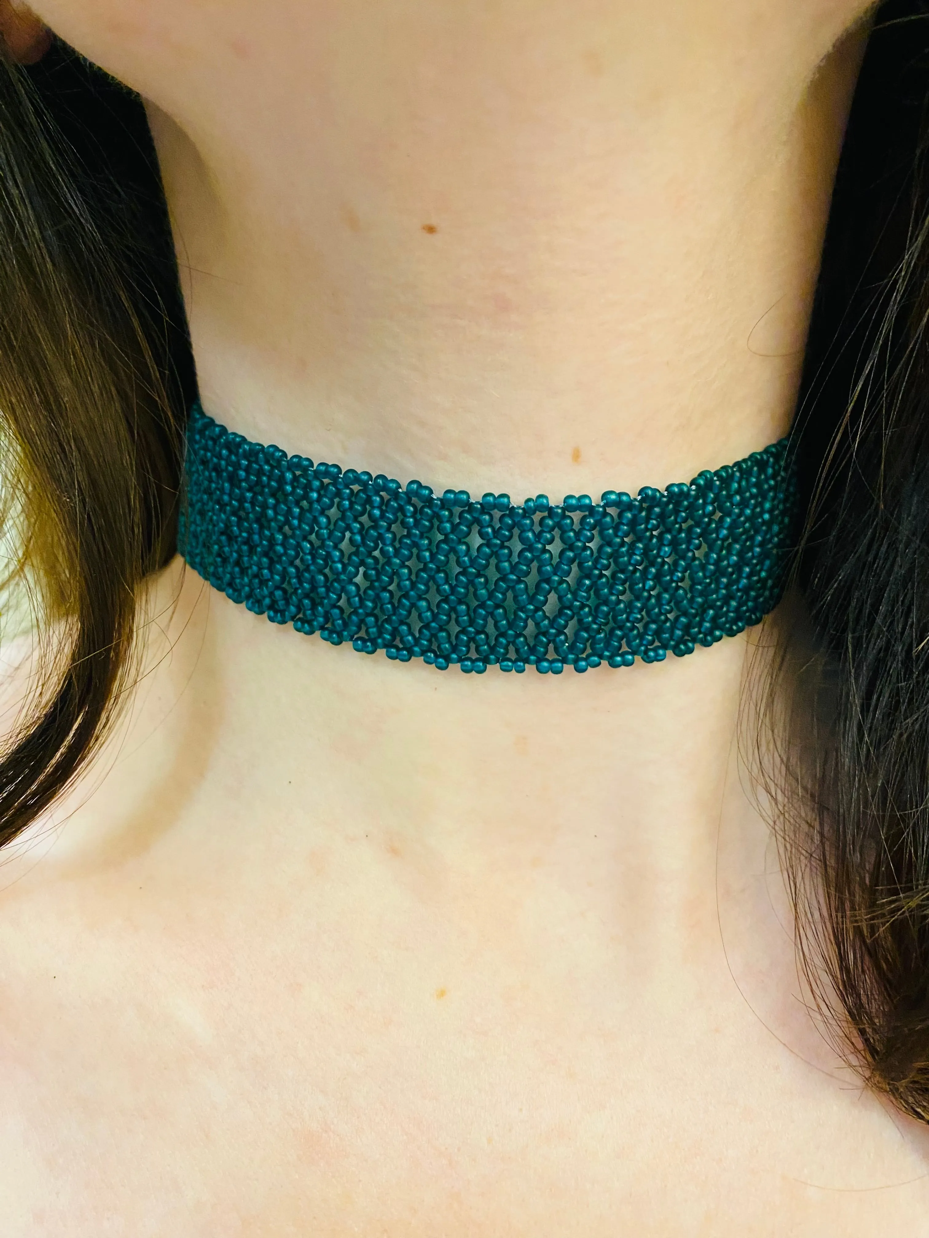 Wide Emerald Choker, Green Seed Bead Choker Collar, Thick Choker Necklace, Bead Lace Choker, Unique Choker, Boho Hippie Choker, Sexy choker