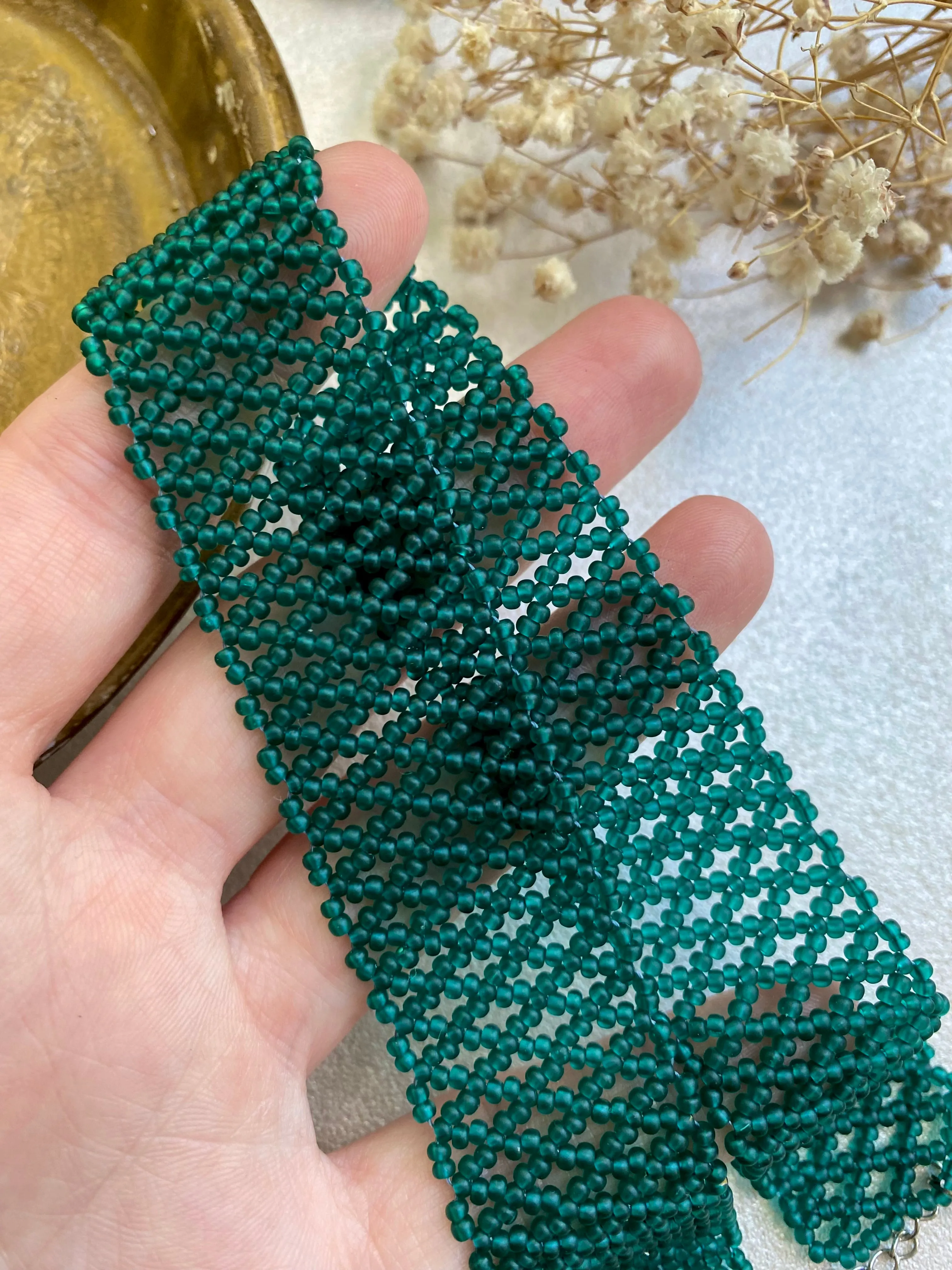 Wide Emerald Choker, Green Seed Bead Choker Collar, Thick Choker Necklace, Bead Lace Choker, Unique Choker, Boho Hippie Choker, Sexy choker